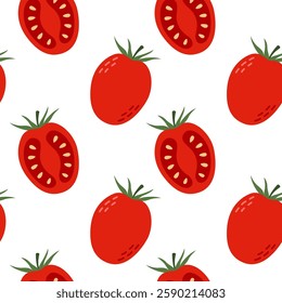 Tomato seamless pattern. Whole and halves red vegetables on white background. Vector illustration. Hand drawn design for fabric print, wallpaper, paper, interior decor and more.