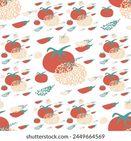 Tomato seamless pattern. Whole red vegetable and slice. Tomatoes repeat background with dots decorations. Stylized simple endless ornament. Vector hand drawn flat illustration.