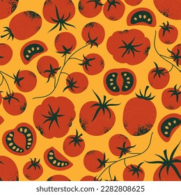 Tomato seamless pattern with yellow background. Whole and half cut tomatoes. Textured retro style. Tomatoes vector illustration.