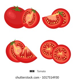 Tomato. Set of fresh tomatoes, whole and sliced. Isolated on a white background. Cartoon. Vector. Flat style.