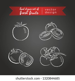Tomato. Set of fresh vegetables, whole, half and bitten with leaf. Vector illustration. Isolated on blackboard