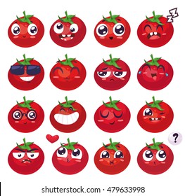 Tomato set of funny smiles. Fruit vegetables and food collection. Vector cartoon illustration. Cute stylish characters.