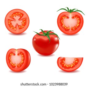 Tomato Set, Green Stem on White Background, Collection of Fresh Chopped Vegetable, Cut Pieces, 3D Hand Drawn Vector Realistic Illustration EPS 10