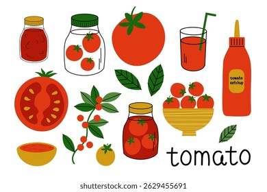 Tomato set with half and whole tomato, lecho, cherry tomatoes, juice, canned fruit, ketchup, adjika, sauce, jar. Vector illustration on isolated background. Red ripe vegetables, food.  Design elements