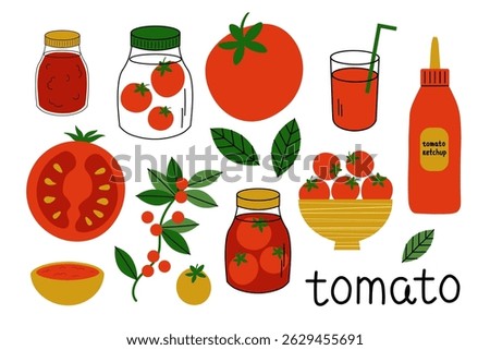 Tomato set with half and whole tomato, lecho, cherry tomatoes, juice, canned fruit, ketchup, adjika, sauce, jar. Vector illustration on isolated background. Red ripe vegetables, food.  Design elements