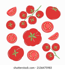 Tomate aislado sobre fondo blanco. Verduras enteras y rebanadas. Ilustración del vector
