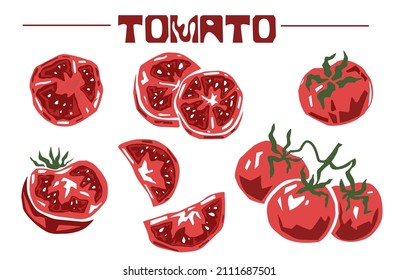 Conjunto de tomate aislado en blanco.Conjunto dibujado a mano.Resumen de diseño sencillo.plano.Producto orgánico.Planta agrícola.Alimentación saludable.Colección de huertos. Sopa fresca de vitamina. 