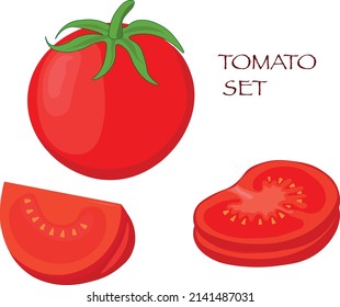 Tomato set made in cartoon flat style. Label for markets, shops, garden vegetables. Tomatoes set. Vector illustration of whole and sliced ripe fresh tomatoes on white background, isolated