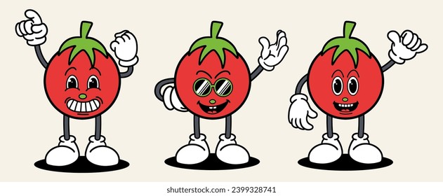 Tomato set mascot of 70s groovy. Collection of cartoon,retro, groovy characters. Vector illustration.