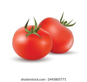 Tomaten-Set. Realistische rote reife frische Tomaten mit grünen Blättern isoliert auf weißem Hintergrund. Vektorgrafik 3D Illustration.