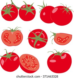 Tomato. Set tomatoes and slice. Isolated vegetables on white background