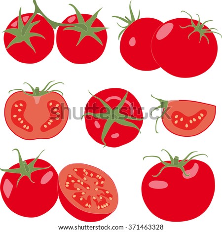 Tomato. Set tomatoes and slice. Isolated vegetables on white background