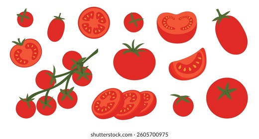 Tomato set with whole tomato, cherry tomatoes on branch, slices and cut pieces. Fresh organic vegetables for cooking, salad, healthy eating. Flat vector illustration on white.