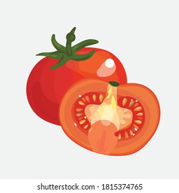 Tomato set. Whole and half cut tomatoes isolated on white background.