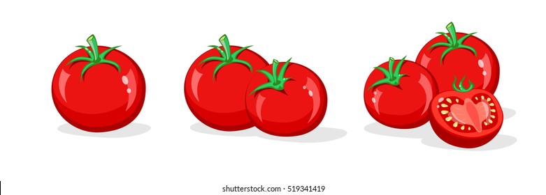 Tomato set. Whole and half cut tomatoes isolated on white background. Vector cartoon illustration. Fresh red Vegetable, Vegetarian, vegan Healthy organic food