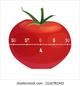 Tomato shaped timer for kitchen. Time management system, method pomodoro. Vector cartoon illustration.