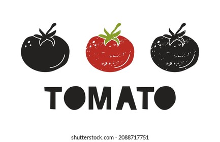 Tomato, silhouette icons set with lettering. Imitation of stamp, print with scuffs. Simple black shape and color vector illustration. Hand drawn isolated elements on white background