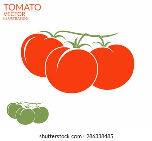 Tomato silhouette. Red and green tomatoes on white background. Fresh vegetable sign. Vintage style