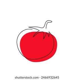 Tomato simple modern logo minimalist design isolated. Veggie in continuous contour drawing style. Local market product in one line art with color spot. Vegetable hand drawn flat vector illustration