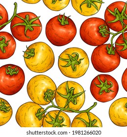 Tomato sketch pattern. Tomatoes harvest vector seamless background. Red and yellow cherry tomato. Fresh organic farmers market vegetables.