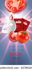 Tomato skin care mask ads. Vector Illustration with tomatoes mask and packaging. Vertical banner.