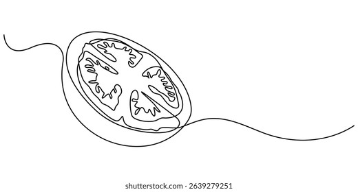 tomato slice continuous one line drawing, Continuous one line drawing of fresh tomato. A whole and slice tomatoes in single line draw illustration. Editable stroke. tomato halves isolated on white.