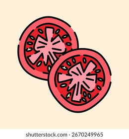 Fatia de tomate Estilo de design plano, tomates divididos pela metade com sementes visíveis, ótimo para ícones de receita, gráficos de menu e ilustrações de culinária.