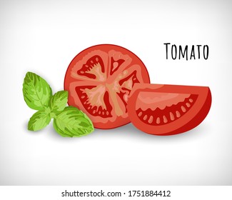 Tomato slice, half with basil leaves in flat style. Vegetable organic eco bio farm product. Lettering Tomato. Fresh red raw vegetable image. Vector illustration on white background.