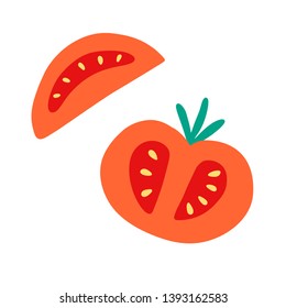 Tomato and slice hand drawn doodle print. Cartoon vector illustration