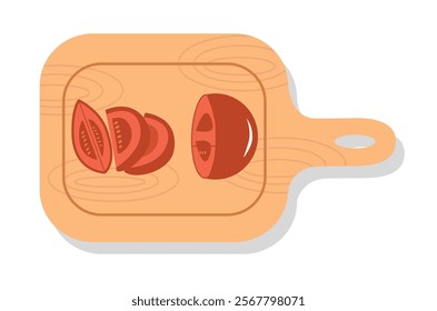 Tomato slice illustration. Tomato on cutting board. Cutting tomato. Vegetable illustration. Fresh agriculture product. Wooden cutting board.