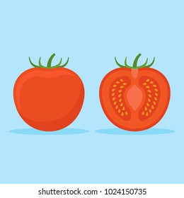 Tomato and slice isolated on blue background. Flat style icon. Vector illustration.