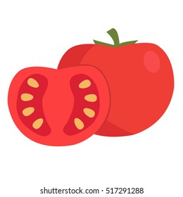 Tomate y rebanada aislados en Ilustración vectorial foto-realista blanca.