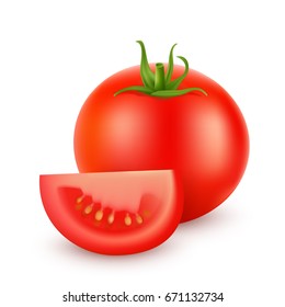 Tomato and slice isolated on white. Realistic vector illustration