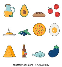 Pieza de tomate. Rama de oliva con hojas. Elementos de la cocina mediterránea. Icono de pizza. Conjunto de comida italiana, cocina mediterránea, dieta keto, recolección de aceite de oliva. Ilustración de vectores en diseño plano