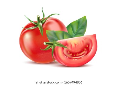 Tomato with tomato slice of piece in the middle isolated on white background. Realistic vector in 3D illustration.