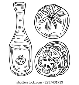 Pieza de tomate, salsa, ketchup vector. Aislado sobre fondo blanco. Ingrediente alimenticio de tomate. Ilustración de tomate grabada a mano en estilo retro vintage. Comida orgánica, componente de platos
