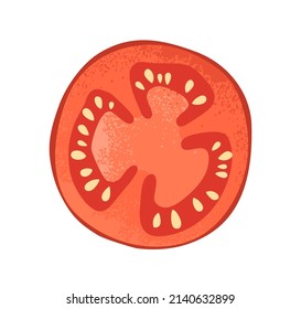 Corte de tomate con semillas. Cortar trozo de verduras frescas rojas. Comida vegetariana, sección transversal, vista superior. Icono de nutrición saludable. Ilustración vectorial plana aislada en fondo blanco