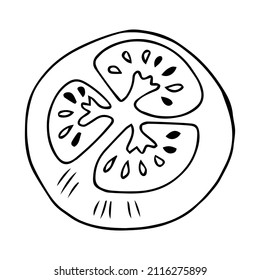 Tomato sliced and cut black and white doodle. Chopped vegetable ingredient tomato for burger and salad, sketch style.
