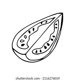 El tomate cortó y cortó el doodle blanco y negro. Tomate de ingrediente vegetal picado para hamburguesa y ensalada, estilo boceto.