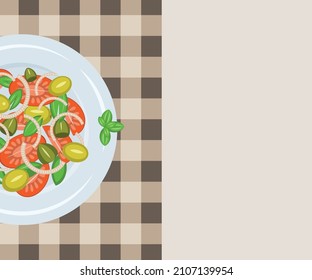 Secciones de tomate, alcaparras, hojas de albahaca, rodajas de aceitunas y medias anillas de cebolla sobre un plato con servilleta a cuadros. Imagen brillante multicolor. Hay espacio libre para el texto. Ilustración del vector