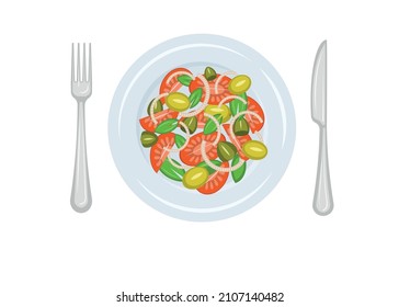 Tomato slices, capers, basil leaves, olive slices and onion half rings in a plate. Multi-colored bright image. Close-up. Vector illustration.
