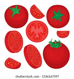 Tomato. Tomato and tomato slices in different angles. Tomato vector illustrations set. Whole, sliced, quarter and half tomatoes.