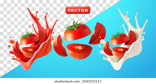 Tomato slices with flying splash juice and fresh milk. Suitable for decoration, elements, food and drinks