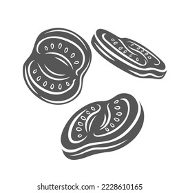 Tomato slices glyph icon vector illustration. Silhouette of falling tomato pieces of circle shape, fresh ripe vegetable cut into parts with skin, pulp and seeds for cooking summer healthy salad