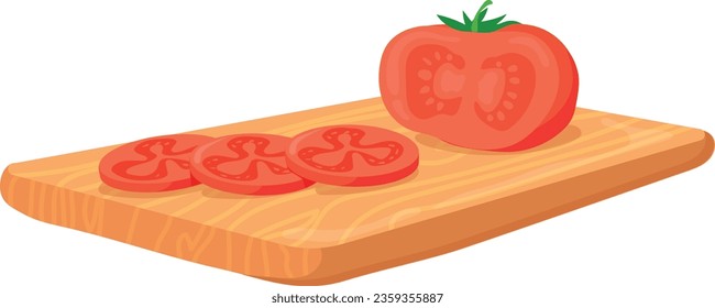 Tomato slices on cutting board. Cooking process icon isolated on white background