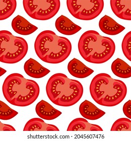 Tomato slices pattern on a white background. For use on textiles, packaging paper, souvenirs, printing, posters, postcards. Vector illustration.