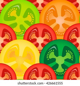 Tomato slices red orange yellow green seamless pattern background.