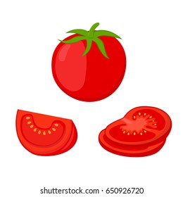 Tomato slices, red tomatoes. Cartoon flat style. Vegetarian fresh raw food.