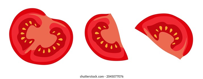Tomato slices in the section of several angles. Vector illustration. A concept for stickers, posters, postcards, websites