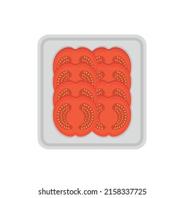 Un icono envasado al vacío en rodajas de tomate aislado en fondo blanco.